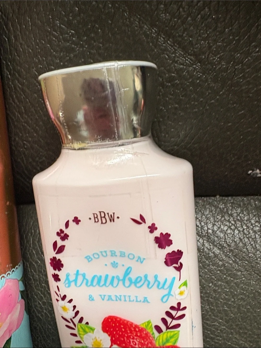 Bath and body set in pretty as a peach and bourbon strawberry and vanilla